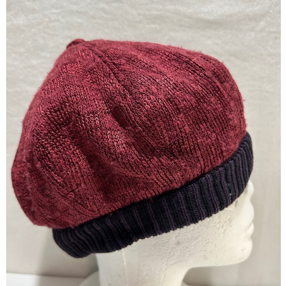 Vtg COOGI Australia Knit Slouch Beret Tam Hat Burgundy Black Made in Australia M - Picture 2 of 7